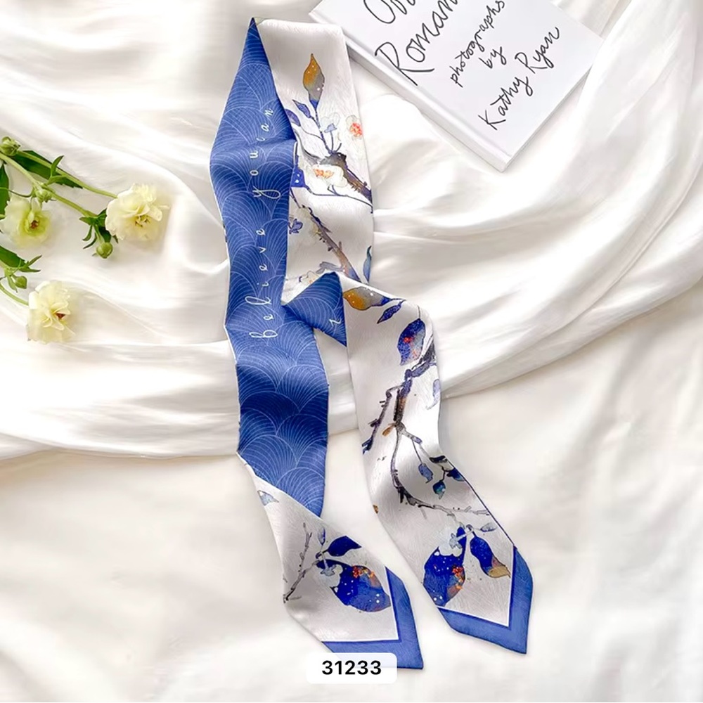 Elegant Blue and White Silk Skinny Scarf